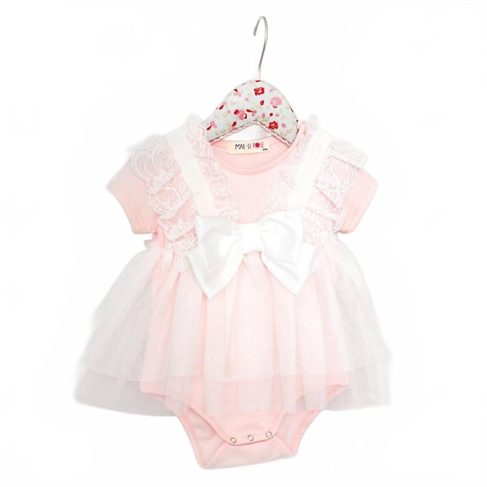 NEW MAE LI ROSE girls' lace and bow onesie in peach